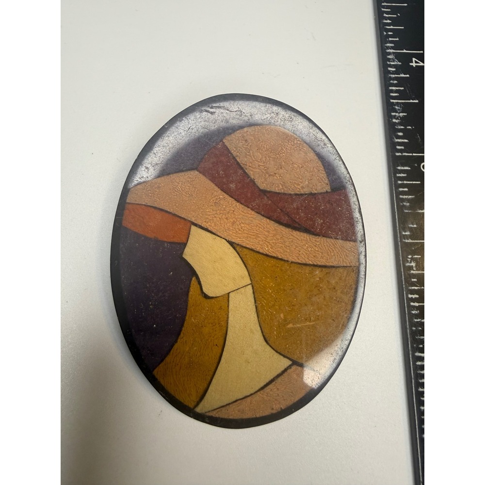 Art Deco Style Woman in Hat Wood Inlay Oval Brooch Pin Brown Purple Gold Tone
